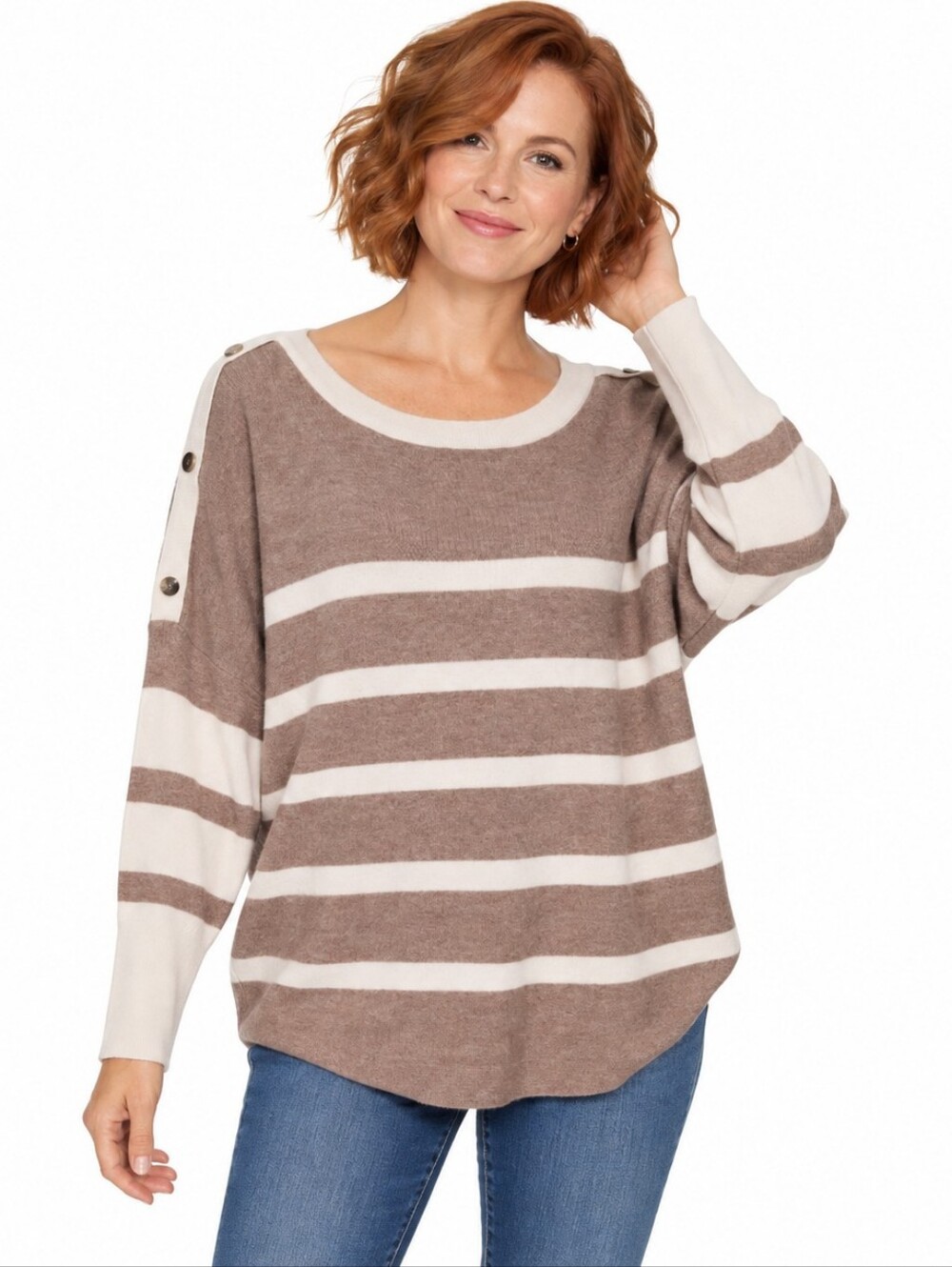 Aaeda Striped Knit Sweater Beige White Button Shoulder Oversized Cozy
